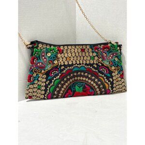 ethnic Multicolor floral embroidered crossbody bag with a gold-tone chain strap